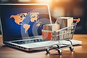 Shopping cart with boxes on laptop screen. Online shopping concept, Product package boxes and shopping bag in cart with laptop