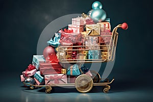 A shopping cart brimming with an abundance of presents, ready for joyful celebrations and thoughtful gift exchanges, Overflowing