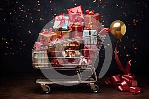 A shopping cart brimming with an assortment of beautifully wrapped gifts, perfect for spreading cheer and delight, Supermarket photo