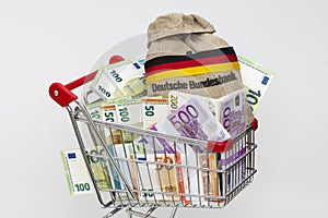 shopping cart with bundles of Euro banknotes