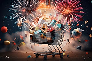 A shopping cart bursting with boxes filled with fireworks, ready to ignite a spectacular display of celebration, Shopping cart