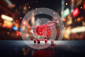 Shopping cart in a busy mall with blurred background, ideal for retail and shopping concepts