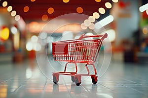 Shopping cart in a busy mall with blurred background, perfect for retail and shopping concepts