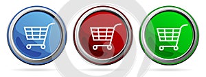 Shopping cart buttons icon web sign symbol illustration options for webdesign, infographic template in 3 color options