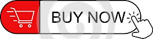 Shopping Cart Buy Now Button. Click Here Button. Buy now red button with hand cursor. Button hand pointer clicking. Click here