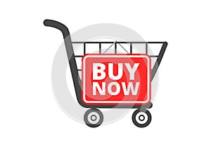 Shopping cart with buy now sign, button, icon