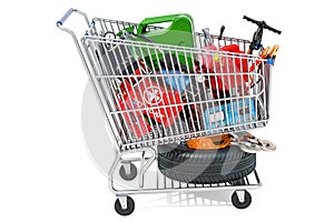 Shopping cart with car tools, equipment and accessories. 3D rend