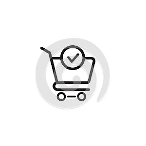 Shopping cart and check mark icon vector completed order, confirm flat sign symbols logo illustration isolated on white