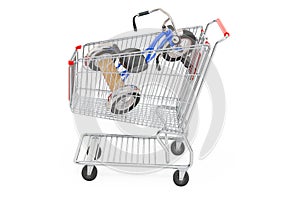 Shopping cart with childrens tricycle, kids bicycle. 3D rendering