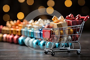 Shopping cart with christmas gift boxes on bokeh background