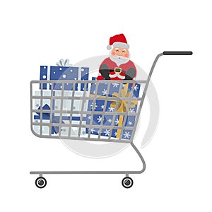 Shopping cart with Christmas gifts and Santa Claus toy