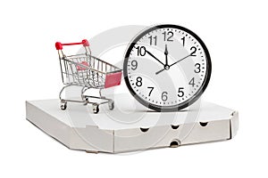 Shopping cart, clock and pizza box on white. Delivery intime