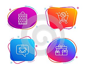 Shopping cart, Coffee and Shopping bag icons set. Surprise boxes sign. Discount, Cafe, Paper package. Vector