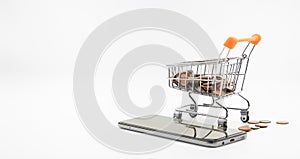 shopping cart coin smartphone white background concept e-commerce