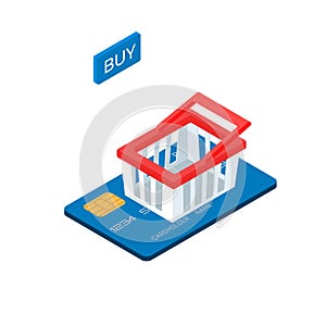 Shopping cart on credit card flat 3d isometric e-commerce business concept
