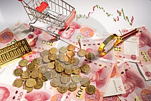 Shopping cart, currency, RMB, economy, curves, coins, cash photo