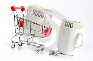 Shopping cart and czech coins and banknotes in white cup