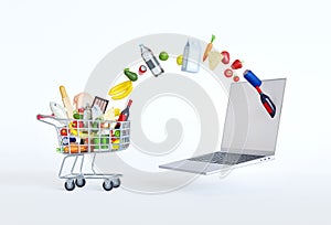 Shopping cart with different food products on laptop computer. Conception online ordering groceries. Realistic grocery cart