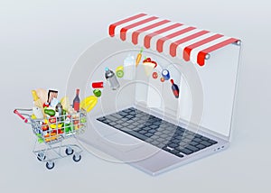 Shopping cart with different food products on laptop computer in the form of a store. Conception online ordering groceries.