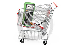 Shopping cart with digital multimeter. 3D rendering