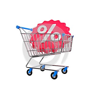 Shopping cart with discount promo for sales and shopping online. The concept of a sale. 3d rendering