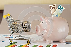 Shopping cart with dollars, budgeting, money distribution