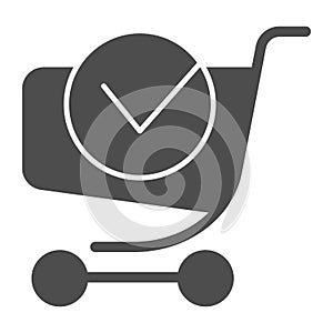Shopping cart with done label solid icon. Shopping trolley with tick vector illustration isolated on white. Online