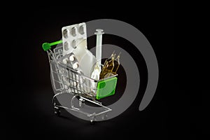 Shopping cart with drugs. Pharmacology and drug purchase concept