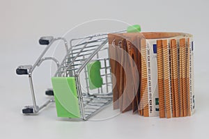 Shopping cart with euro banknotes isolated on a white background. Financial crisis, devaluation, inflation concept. Copy
