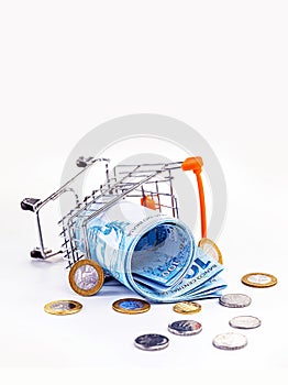 shopping cart falling to the floor, with Brazilian supermarket money. Concept of loss, loss, rising prices, no purchasing power, photo