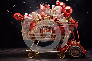 Shopping Cart Filled With Abundance of Presents for Joyful Gifting, Profile view of a shopping cart loaded with fabulous gift