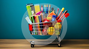 A shopping cart filled with backtoschool supplies