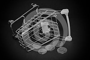 A shopping cart filled with coins of various denominations. international crisis, currency depreciation and crisis