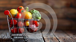 A shopping cart filled with fruits and vegetables on a wooden table, AI