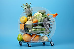 A shopping cart filled with a variety of fresh fruits and vegetables.