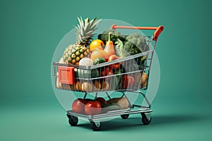Shopping cart filled with variety of fresh fruits and vegetables.