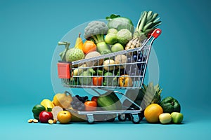 Shopping cart filled with variety of fresh fruits and vegetables.