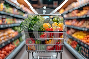 Shopping cart filled with vegetables and fruits. Generative AI
