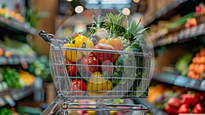 A shopping cart filled with vegetables and fruits in a grocery store, AI