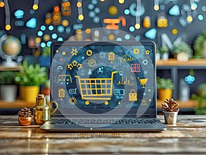 Shopping cart flat icon with modern laptop computer on wooden table over blur light and shadow of shopping mall, Business shop