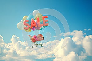 Shopping cart floats with sale helium balloons in the sky. A shopping cart is leisurely floating above the clouds attached to
