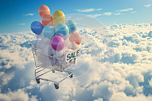 Shopping cart floats with sale helium balloons in the sky. A shopping cart is leisurely floating above the clouds attached to