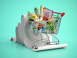 Shopping cart with foods on receipt. Grocery expenses budget, inflation and consumerism concept