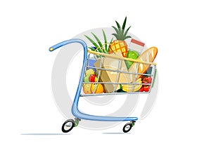 Shopping cart with foodstuff.