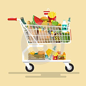 Shopping Cart with Foodstuff. Vector Icon.