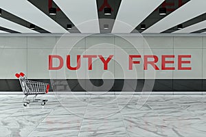 Shopping Cart in Front of International Airport, Bus or Train Station Interior Wall with Duty Free Sign. 3d Rendering