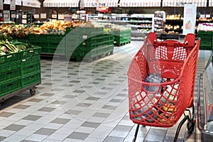 shopping cart in the fruit and vegetable department of a supermarket