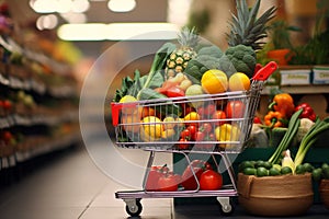 A shopping cart with fruits and vegetables. Generative AI