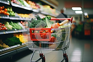 A shopping cart with fruits and vegetables. Generative AI