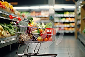 A shopping cart with fruits and vegetables. Generative AI